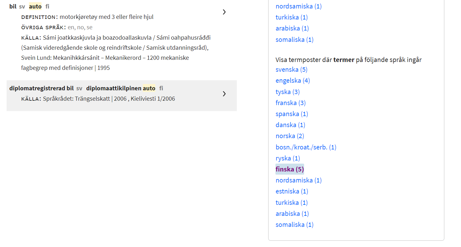 Skärmdump på termposter där termer på följande språk ingår